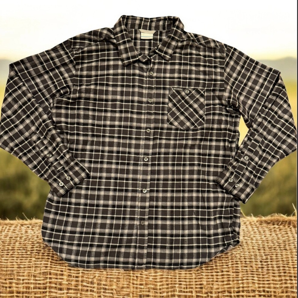 Columbia Men's Black and Gray Plaid Flannel Shirt XL